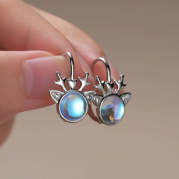 Women's Cute Copper Elk Christmas Earrings With Geometric Zircon And Imitation Moonstone Details Shiny Festival Jewelry