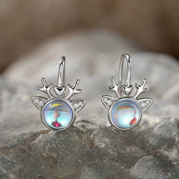 Women's Cute Copper Elk Christmas Earrings With Geometric Zircon And Imitation Moonstone Details Shiny Festival Jewelry
