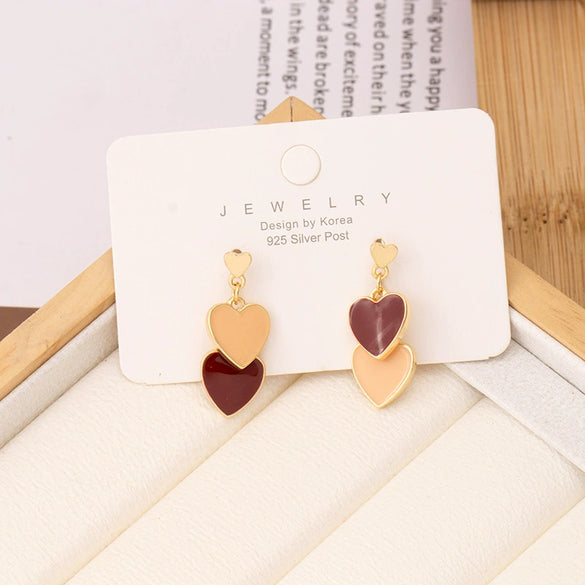 Women's Cute Double Heart Drop Earrings With Alloy Contrast Color Enamel Look And Electroplated Heart Shape Design
