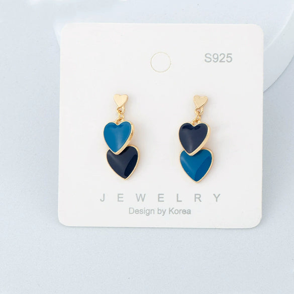 Women's Cute Double Heart Drop Earrings With Alloy Contrast Color Enamel Look And Electroplated Heart Shape Design