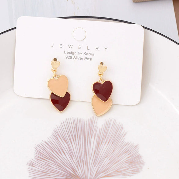 Women's Cute Double Heart Drop Earrings With Alloy Contrast Color Enamel Look And Electroplated Heart Shape Design