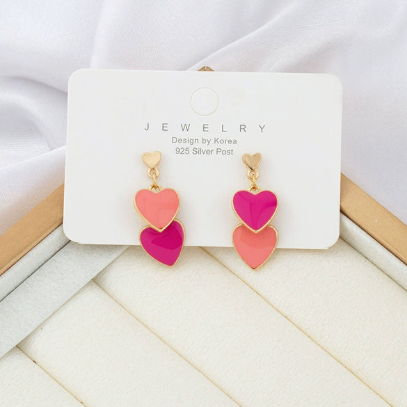 Women's Cute Double Heart Drop Earrings With Alloy Contrast Color Enamel Look And Electroplated Heart Shape Design