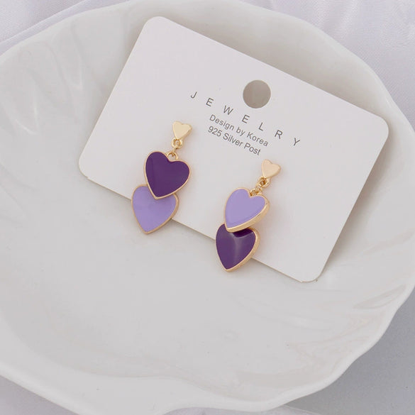 Women's Cute Double Heart Drop Earrings With Alloy Contrast Color Enamel Look And Electroplated Heart Shape Design