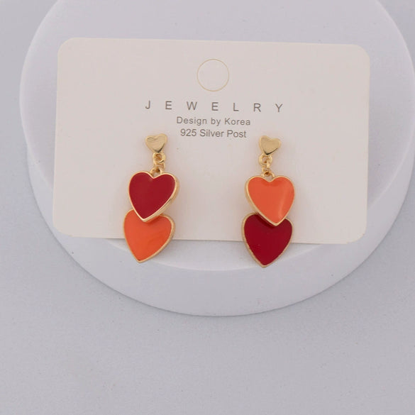 Women's Cute Double Heart Drop Earrings With Alloy Contrast Color Enamel Look And Electroplated Heart Shape Design