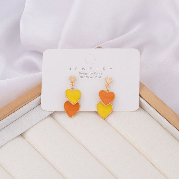 Women's Cute Double Heart Drop Earrings With Alloy Contrast Color Enamel Look And Electroplated Heart Shape Design