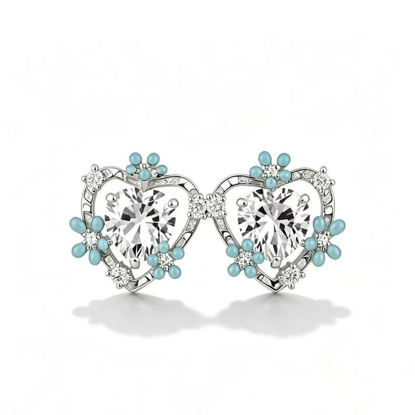 Women's Cute Heart Shaped Copper Earrings With Flower Zircon Detail Oil Drop Finish And Electroplated Craftsmanship