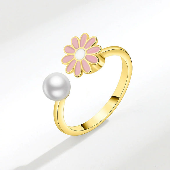 Women's Daisy Pearl Rotating Ring Copper Geometric Electroplating Jewelry