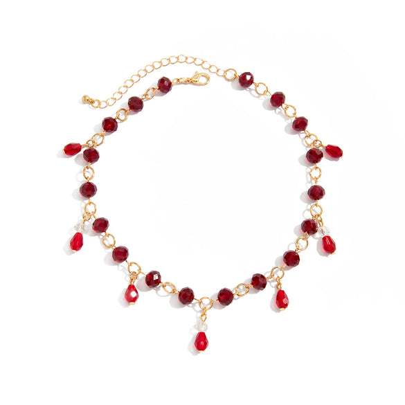Women's Dark Gothic Faux Crystal Tassel Necklace With Red Beaded Teardrop Pendant Faceted Geometric Design And Lobster Clasp