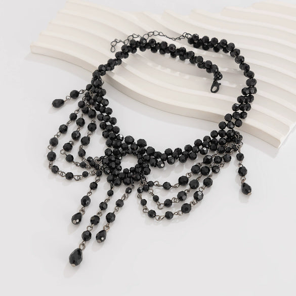 Women's Dark Gothic Handmade Alloy Geometric Cross Pendant Necklace With Multilayer Beaded Tassel And Ball Chain