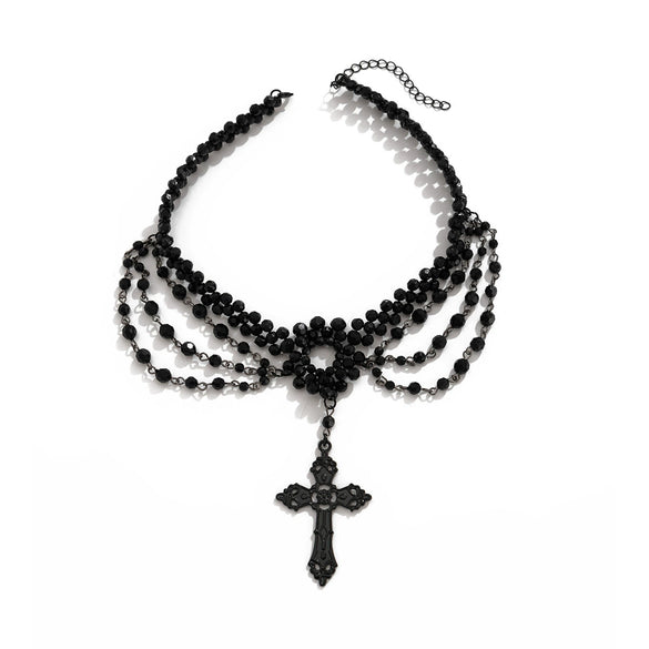 Women's Dark Gothic Handmade Alloy Geometric Cross Pendant Necklace With Multilayer Beaded Tassel And Ball Chain
