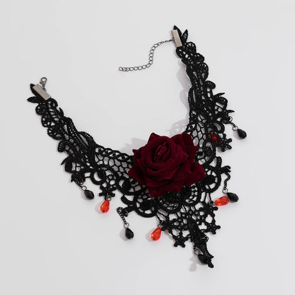 Women's Dark Style Lace Fabric Necklace With Artificial Crystal Rose Flower Drop Pendant And Handmade Chain