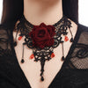 Women's Dark Style Lace Fabric Necklace With Artificial Crystal Rose Flower Drop Pendant And Handmade Chain