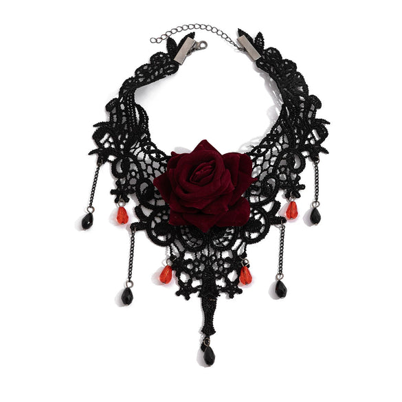 Women's Dark Style Lace Fabric Necklace With Artificial Crystal Rose Flower Drop Pendant And Handmade Chain