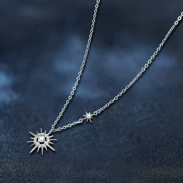 Women's Diamond Sterling Silver Star Shaped Gem Inlaid Clavicle Necklace With Rhodium Gold Treatment