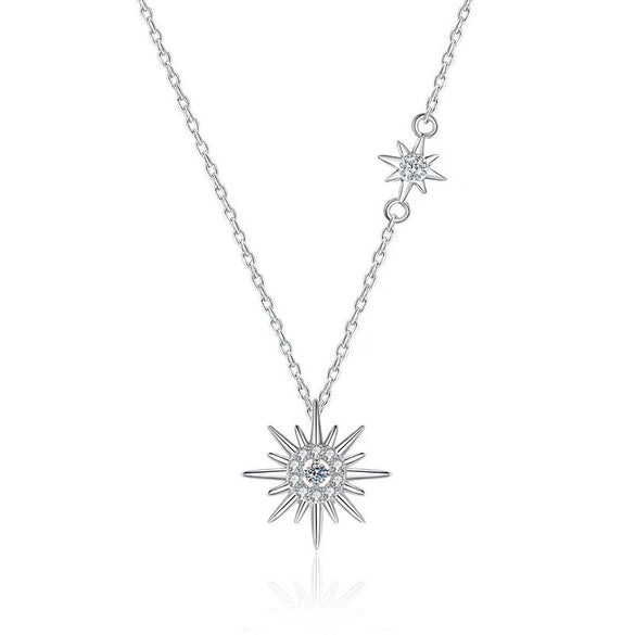 Women's Diamond Sterling Silver Star Shaped Gem Inlaid Clavicle Necklace With Rhodium Gold Treatment