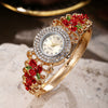 Women's Diamonddecorated Carved Flower Quartz Watch Hollow Alloy Bracelet Round Dial Fashion