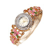 Women's Diamonddecorated Carved Flower Quartz Watch Hollow Alloy Bracelet Round Dial Fashion