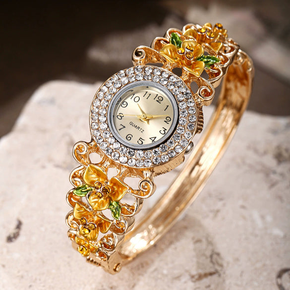 Women's Diamonddecorated Carved Flower Quartz Watch Hollow Alloy Bracelet Round Dial Fashion