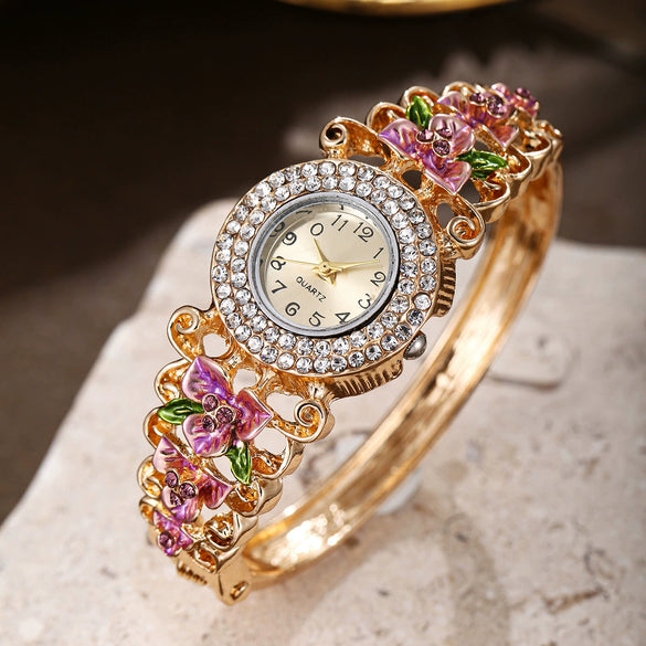 Women's Diamonddecorated Carved Flower Quartz Watch Hollow Alloy Bracelet Round Dial Fashion
