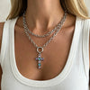 Women's Diamondencrusted Geometric Cross Pendant Necklace With Plated Iron Doublelayer Chain