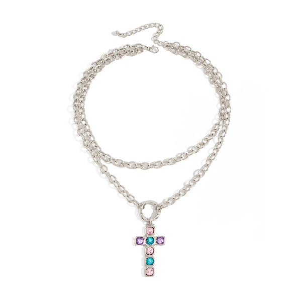 Women's Diamondencrusted Geometric Cross Pendant Necklace With Plated Iron Doublelayer Chain