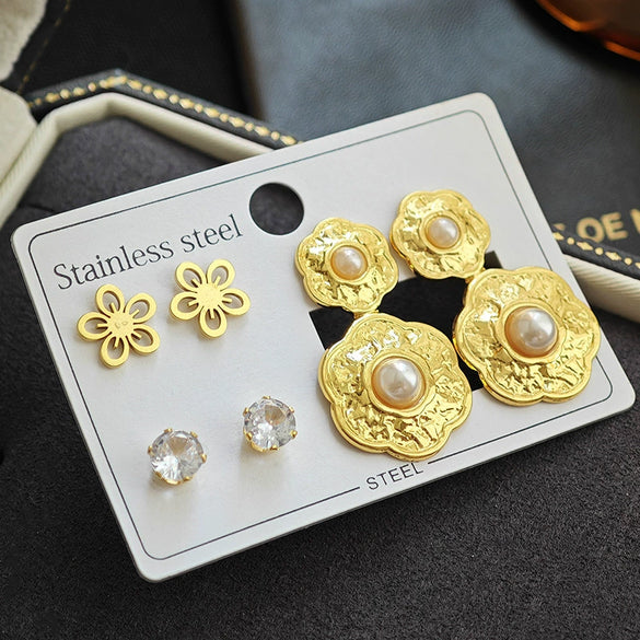 Women's Double Flower Pearl Titanium Steel Earrings Geometric Retro Electroplated Design