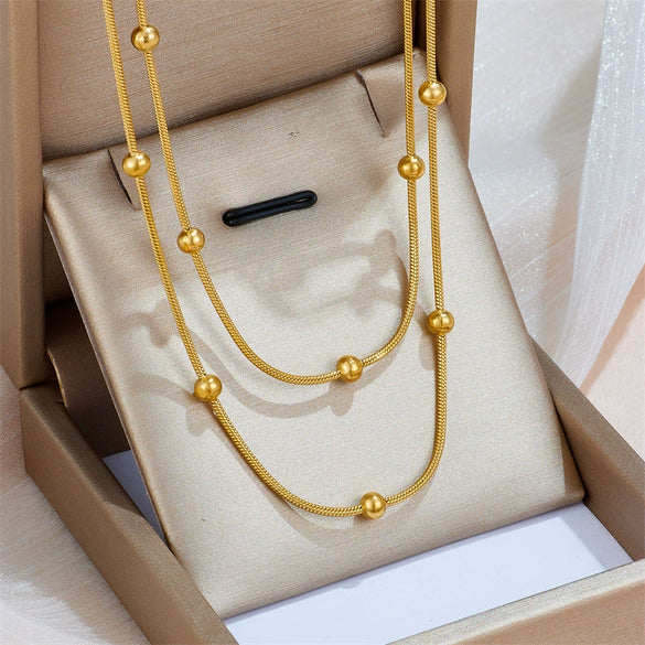 Women's Double Layer Bead Round Snake Necklace Titanium Steel Geometric Box Chain Design