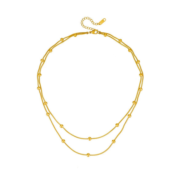 Women's Double Layer Bead Round Snake Necklace Titanium Steel Geometric Box Chain Design