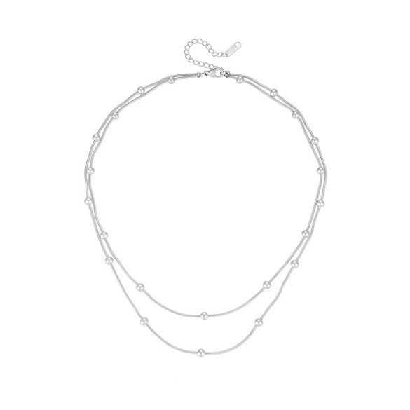 Women's Double Layer Bead Round Snake Necklace Titanium Steel Geometric Box Chain Design