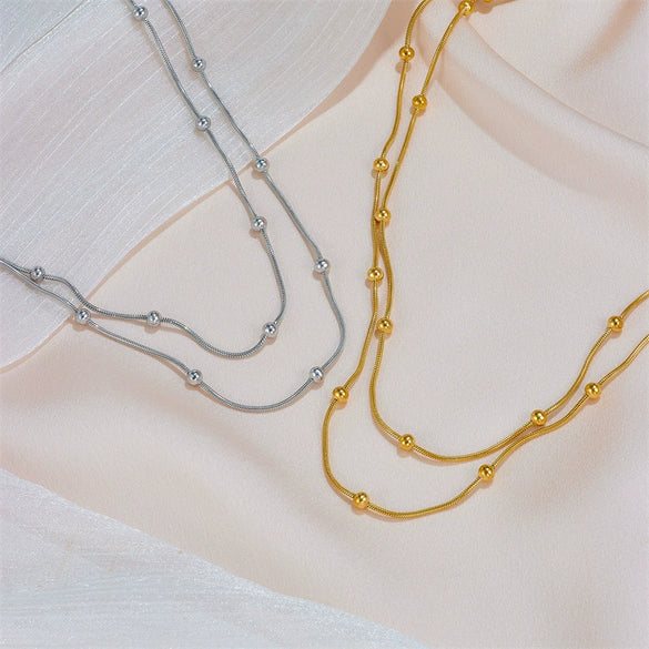 Women's Double Layer Bead Round Snake Necklace Titanium Steel Geometric Box Chain Design