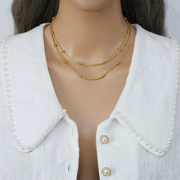 Women's Double Layer Bead Round Snake Necklace Titanium Steel Geometric Box Chain Design