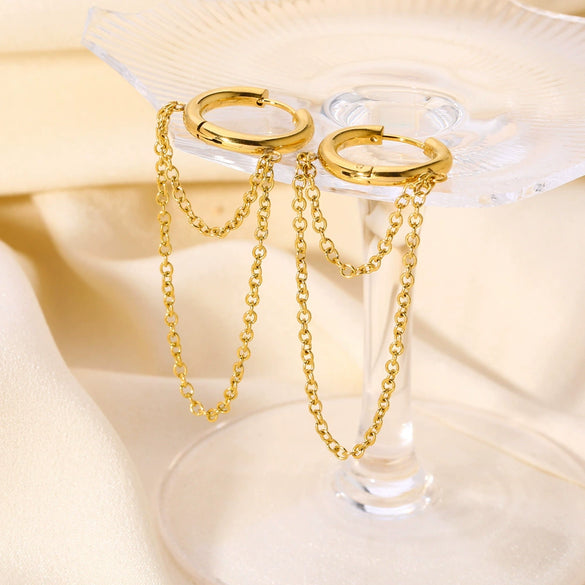 Women's Double Layer Chain Tassel Ear Jewelry With Geometric Design Stainless Steel Earrings Pvdp Furnace Real Gold Plated