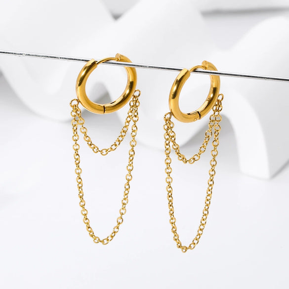 Women's Double Layer Chain Tassel Ear Jewelry With Geometric Design Stainless Steel Earrings Pvdp Furnace Real Gold Plated