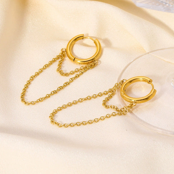 Women's Double Layer Chain Tassel Ear Jewelry With Geometric Design Stainless Steel Earrings Pvdp Furnace Real Gold Plated