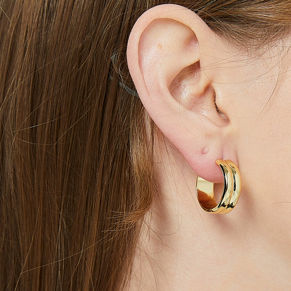 Women's Double Layer Circle Ear Buckle Earrings Brass Plated 18K Real Gold Geometric Style