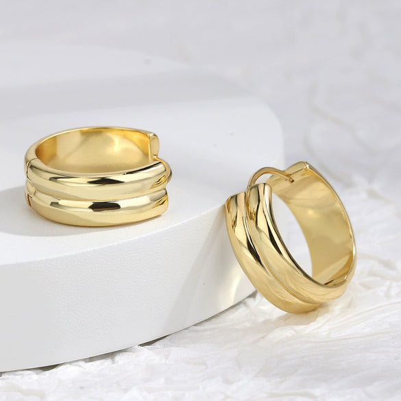 Women's Double Layer Circle Ear Buckle Earrings Brass Plated 18K Real Gold Geometric Style