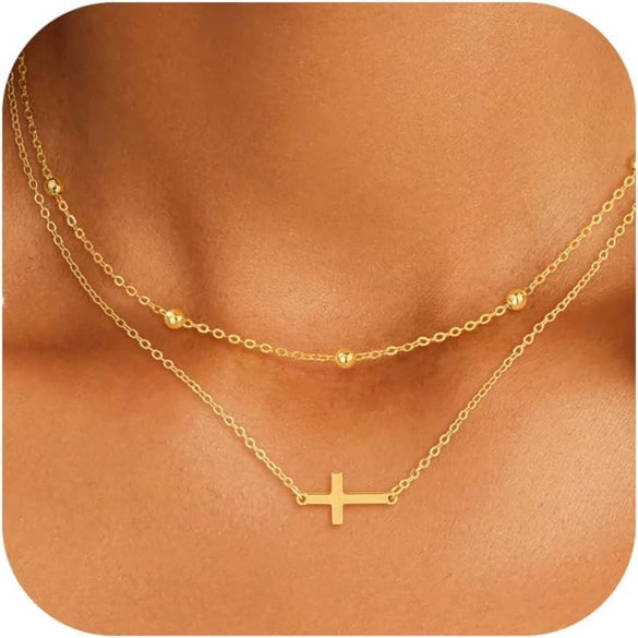 Women's Double Layer Copper Cross Pendant Necklace With Geometric Shape Electroplated Clavicle Chain Fashion Jewelry