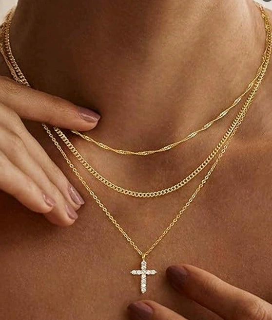 Women's Double Layer Copper Cross Pendant Necklace With Geometric Shape Electroplated Clavicle Chain Fashion Jewelry