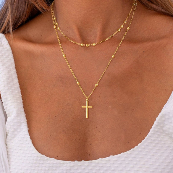 Women's Double Layer Copper Cross Pendant Necklace With Geometric Shape Electroplated Clavicle Chain Fashion Jewelry