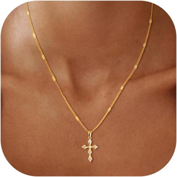 Women's Double Layer Copper Cross Pendant Necklace With Geometric Shape Electroplated Clavicle Chain Fashion Jewelry