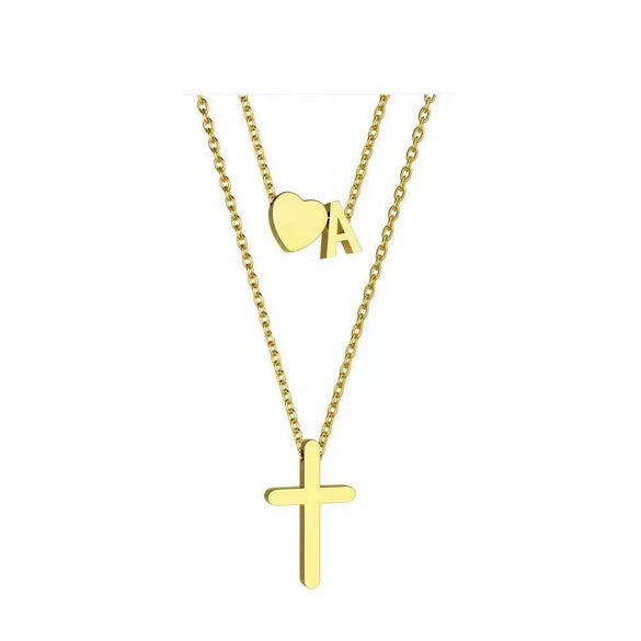 Women's Double Layer Copper Heart And Cross Pendant Letter Necklace Geometric Layered Clavicle Chain With Electroplated Fashion Jewelry