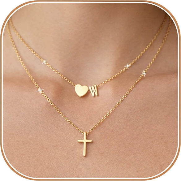 Women's Double Layer Copper Heart And Cross Pendant Letter Necklace Geometric Layered Clavicle Chain With Electroplated Fashion Jewelry