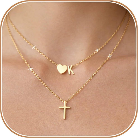 Women's Double Layer Copper Heart And Cross Pendant Letter Necklace Geometric Layered Clavicle Chain With Electroplated Fashion Jewelry