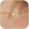 Women's Double Layer Copper Heart And Cross Pendant Letter Necklace Geometric Layered Clavicle Chain With Electroplated Fashion Jewelry