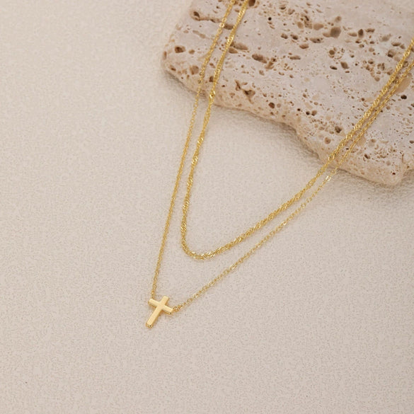 Women's Double Layer Gold Plated Copper Cross Necklace With Geometric Pendant Simple Light Luxury Clavicle Chain Jewelry