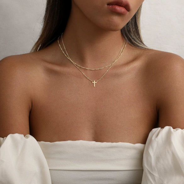 Women's Double Layer Gold Plated Copper Cross Necklace With Geometric Pendant Simple Light Luxury Clavicle Chain Jewelry