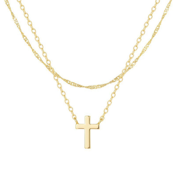Women's Double Layer Gold Plated Copper Cross Necklace With Geometric Pendant Simple Light Luxury Clavicle Chain Jewelry