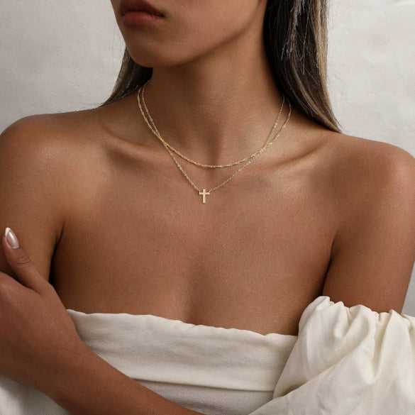 Women's Double Layer Gold Plated Copper Cross Necklace With Geometric Pendant Simple Light Luxury Clavicle Chain Jewelry