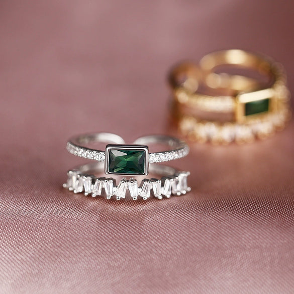 Women's Double Layer Opening Adjustable Geometric Copper Zircon Ring In Peacock Green