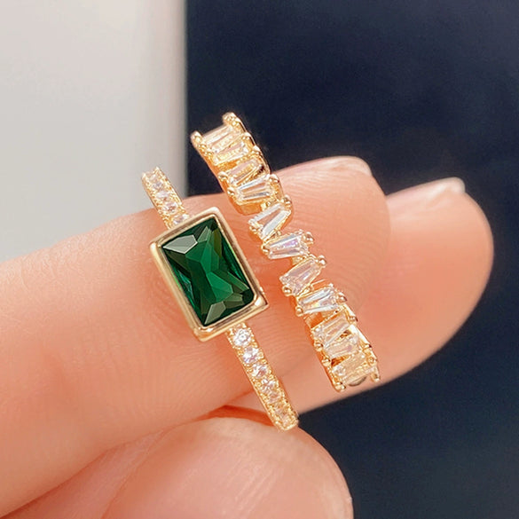 Women's Double Layer Opening Adjustable Geometric Copper Zircon Ring In Peacock Green